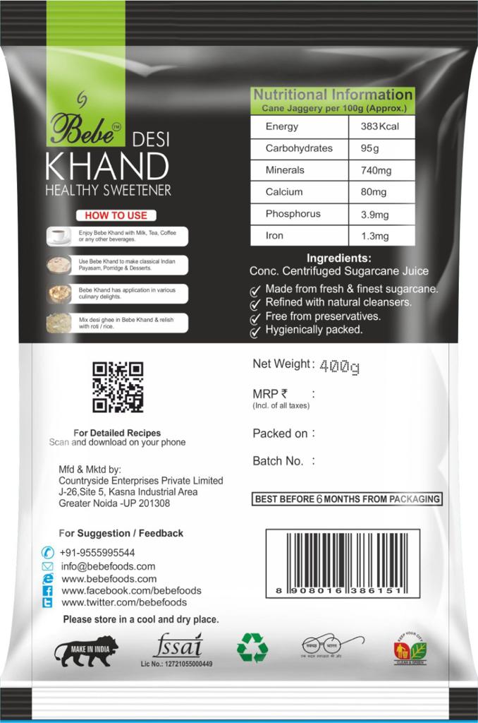 Nutritional & Other Info of Bebe Desi Khand Sachets |Healthy Sweetener |Easy to use | Sweeten your Tea.coffee,milk |Natural |Chemical Free Bebe Desi Khand Sachets Front _ Healthy Sugar _Natural _ Traditionally made like jaggery
