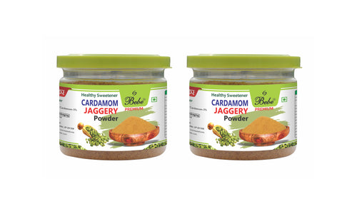 Bebe Cardamom Jaggery Powder 200g x 2 Pack Front | Elaichi Shakker | Shakkar | All Natural | Healthy Sugar | Traditionally made in small batches | No chemicals | Sweetener for Tea,Coffee,Milk,Kheer | Relish with Ghee,Curd over Roti or rice 