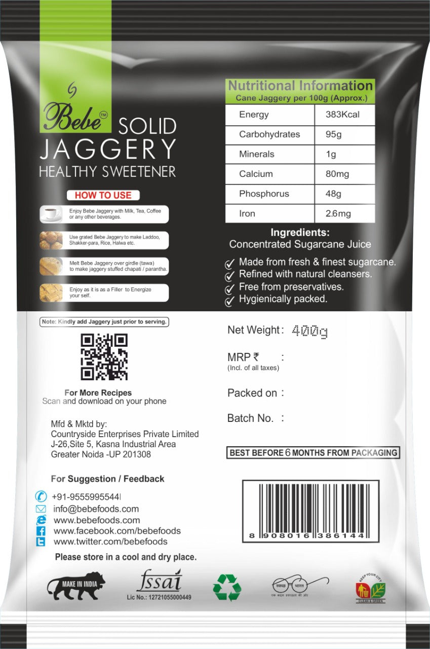 Bebe Jaggery 400g bACK | Gud | Gur | Healthy Sugar |Natural | Traditionally made | Use in Tea,Coffee, Milk | Make Gud ka parantha | Eat it raw