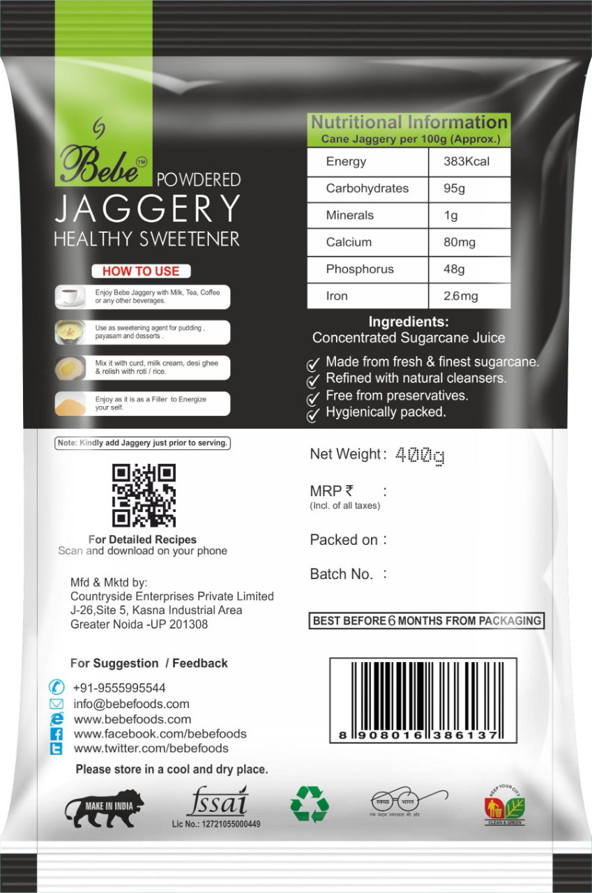 Bebe Jaggery Powder 400g Back |Shakker | Shakkar | Healthy Sugar |Natural | Traditionally made | Use in Tea,Coffee, Milk | Relish with curd or ghee over roti or rice