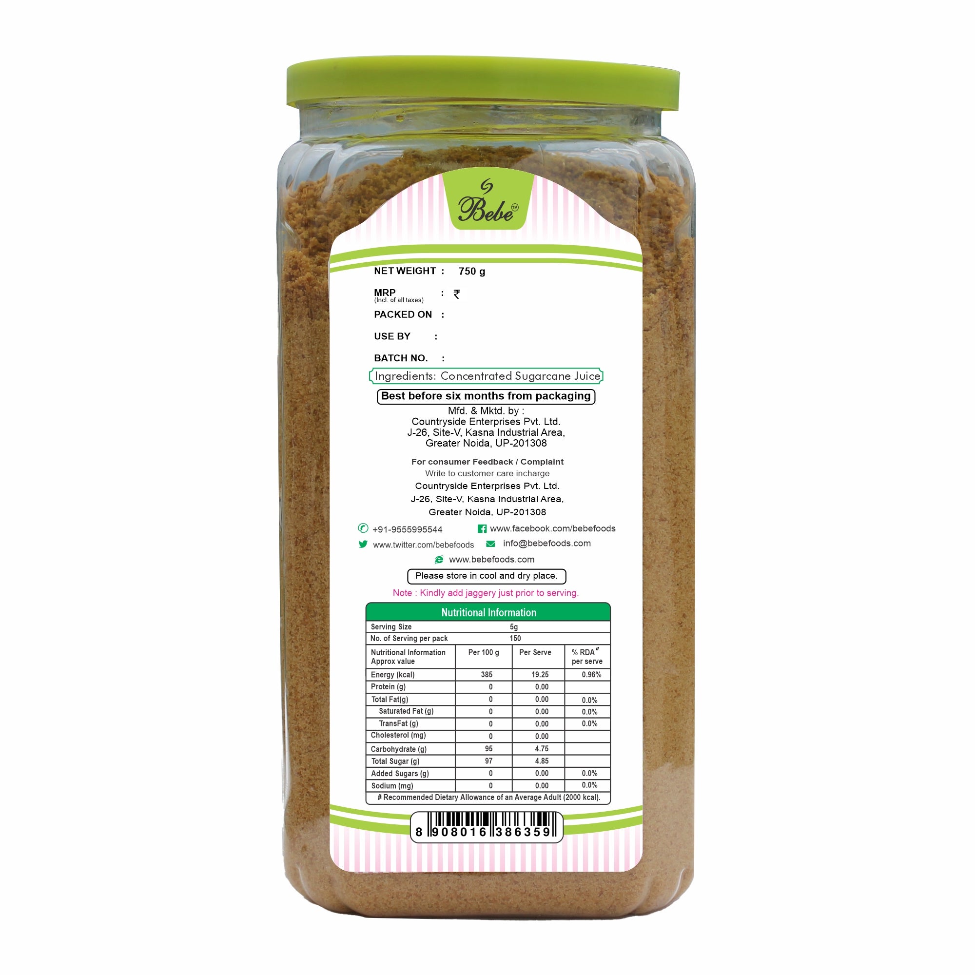 Bebe Jaggery Powder 750g Back  |Shakker |Shakkar |All Natural | Healthy Sugar | Traditionally made in small batches | No chemicals | Sweetener for Tea,Coffee,Milk,Kheer| Relish with Ghee or curd